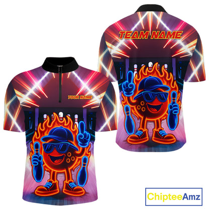 Funny Flame Neon Bowling Ball Mens Bowling Polo, Quarter Zip Shirts Custom Bowling Team jersey NQS10306