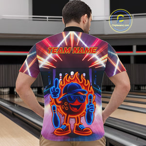 Funny Flame Neon Bowling Ball Mens Bowling Polo, Quarter Zip Shirts Custom Bowling Team jersey NQS10306