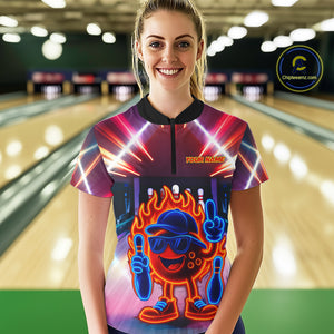 Funny Flame Neon Bowling Ball Women Bowling Polo, Quarter Zip Shirts Custom Bowling Team jersey NQS10306