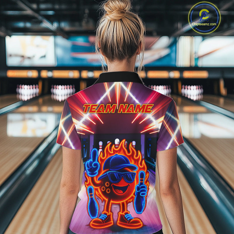 Funny Flame Neon Bowling Ball Women Bowling Polo, Quarter Zip Shirts Custom Bowling Team jersey NQS10306