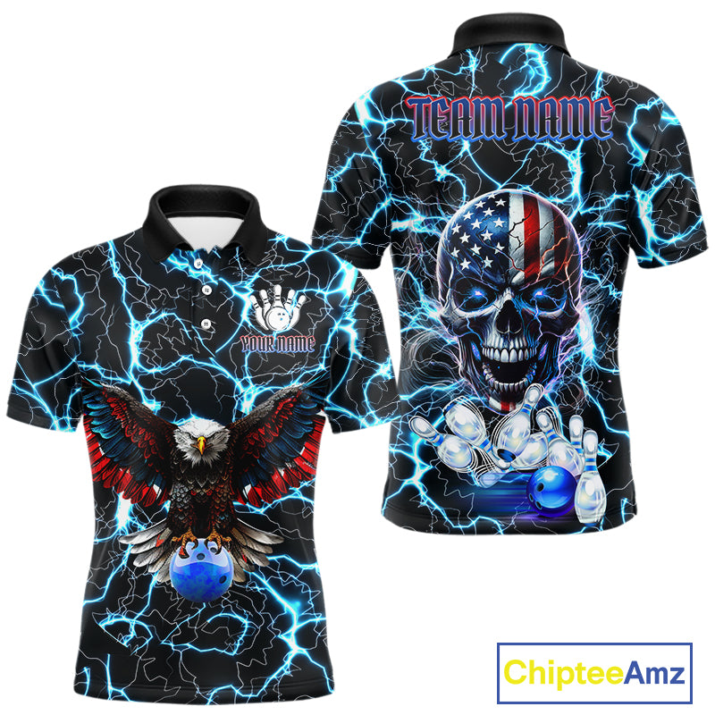 American Flag Eagle Skull Blue Lightning Thunder Mens Bowling Shirts Custom Bowling Team Jersey NQS10725