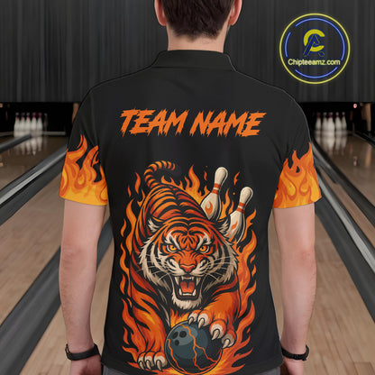 Black and Orange Flame Tiger Bowling Polo, 1/4 Zip Shirts for Men Custom Team Tiger Bowling Jersey NQS10935