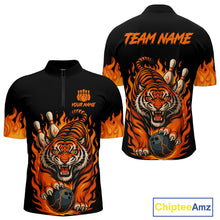 Load image into Gallery viewer, Black and Orange Flame Tiger Bowling Polo, 1/4 Zip Shirts for Men Custom Team Tiger Bowling Jersey NQS10935