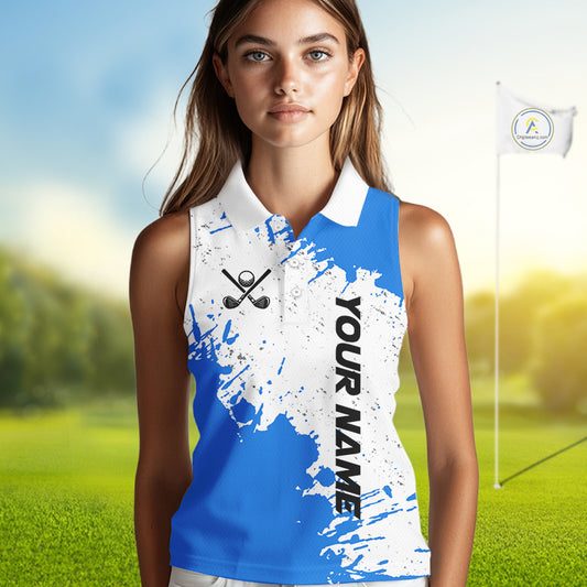 Blue and White Women's Sleeveless polo shirt Custom team golf outfit, golf attire for ladies NQS11316