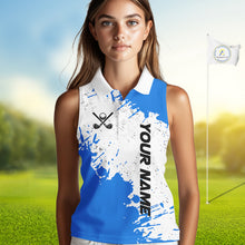 Load image into Gallery viewer, Blue and White Women's Sleeveless polo shirt Custom team golf outfit, golf attire for ladies NQS11316