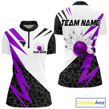 Load image into Gallery viewer, Black &amp; White Bowling Polo, Quarter Zip Shirt for Women Custom Lightning Team bowling jersey | Purple NQS10003