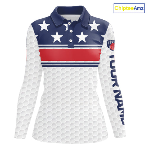 Red, White and Blue American Flag Womens golf polo shirts custom patriotic golf attire for ladies NQS10006