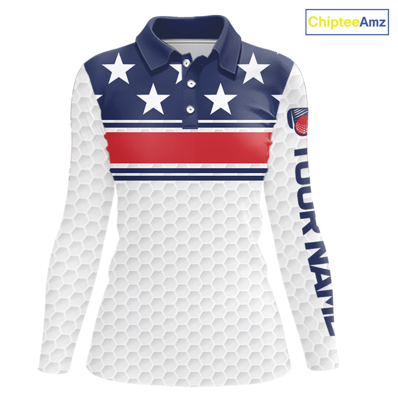 Red, White and Blue American Flag Womens golf polo shirts custom patriotic golf attire for ladies NQS10006