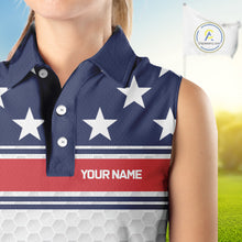 Load image into Gallery viewer, Red, White and Blue American Flag Women sleeveless golf polo shirt custom patriotic ldies golf attire NQS10006