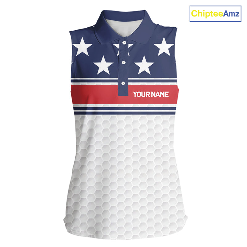 Red, White and Blue American Flag Women sleeveless golf polo shirt custom patriotic ldies golf attire NQS10006