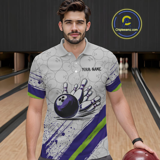 Purple and Green Bowling Camo Polo, 1/4 Zip Shirt for Men Custom Team bowling jersey gift for bowlers NQS10008