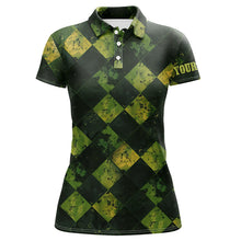 Load image into Gallery viewer, Green and Yellow argyle grunge pattern Women golf polo shirts custom golf apparel for ladies NQS8113