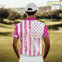 Load image into Gallery viewer, Personalized Pink &amp; White American Flag Retro Men golf polo shirts Custom Patriotic golf top for men NQS10307