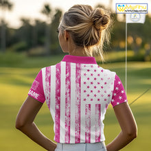 Load image into Gallery viewer, Personalized Pink &amp; White American Flag Retro Women golf polo shirts Custom Patriotic ladies golf top NQS10307