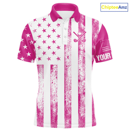 Personalized Pink & White American Flag Retro Men golf polo shirts Custom Patriotic golf top for men NQS10307