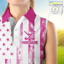 Load image into Gallery viewer, Personalized Pink &amp; White American Flag Retro Women sleeveless polo shirt Patriotic laies golf top NQS10307