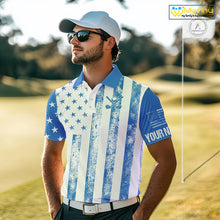 Load image into Gallery viewer, Personalized Blue &amp; White American Flag Retro Men golf polo shirts Custom Patriotic golf top for men NQS10308