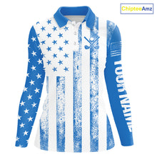 Load image into Gallery viewer, Personalized Blue &amp; White American Flag Retro Women golf polo shirts Custom Patriotic ladies golf top NQS10308