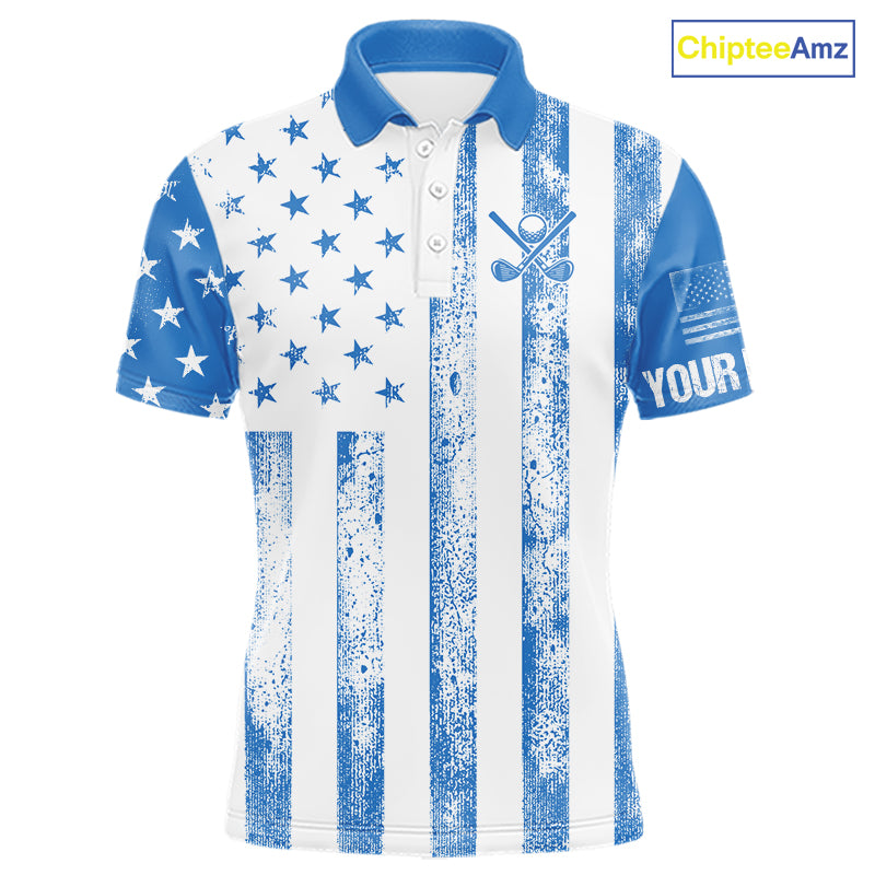 Personalized Blue & White American Flag Retro Men golf polo shirts Custom Patriotic golf top for men NQS10308