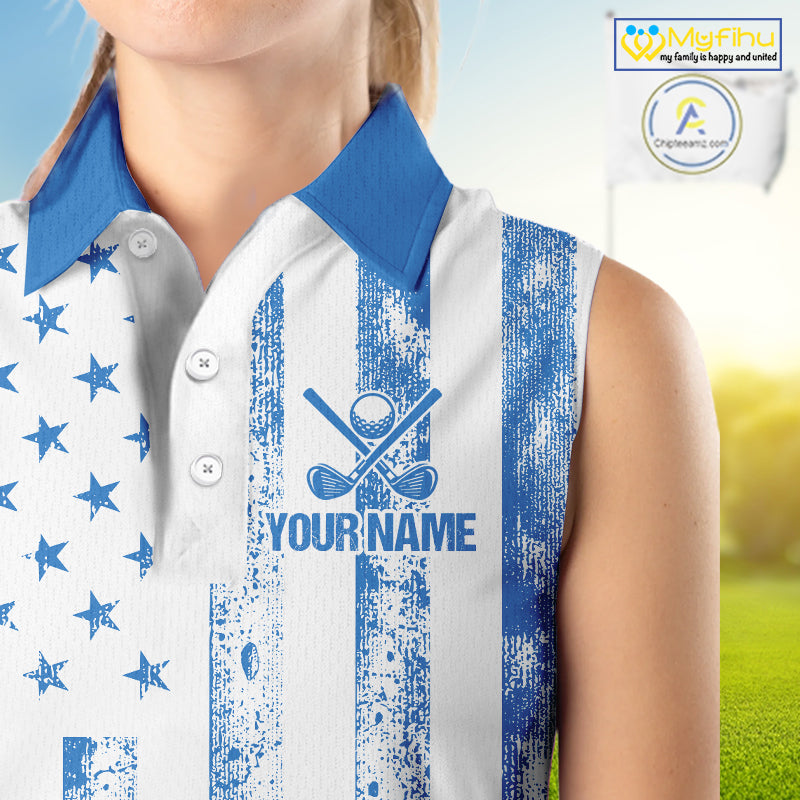 Personalized Blue & White American Flag Retro Women sleeveless polo shirt Patriotic laies golf top NQS10308
