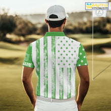 Load image into Gallery viewer, Personalized Green &amp; White American Flag Retro Men golf polo shirts Custom Patriotic golf top for men NQS10309