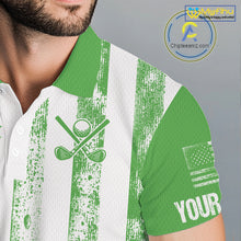 Load image into Gallery viewer, Personalized Green &amp; White American Flag Retro Men golf polo shirts Custom Patriotic golf top for men NQS10309
