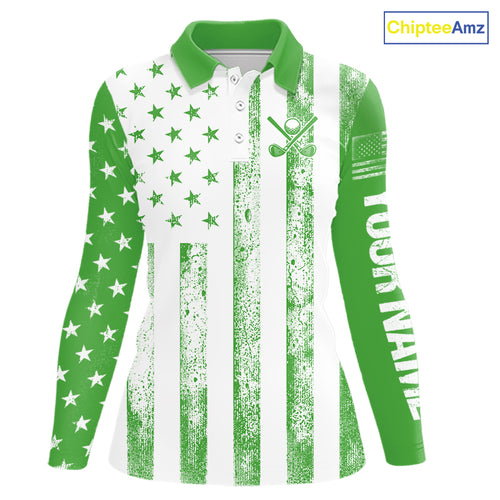 Personalized Green & White American Flag Retro Women golf polo shirt Custom Patriotic ladies golf top NQS10309