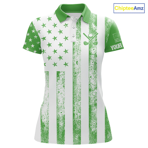 Personalized Green & White American Flag Retro Women golf polo shirt Custom Patriotic ladies golf top NQS10309