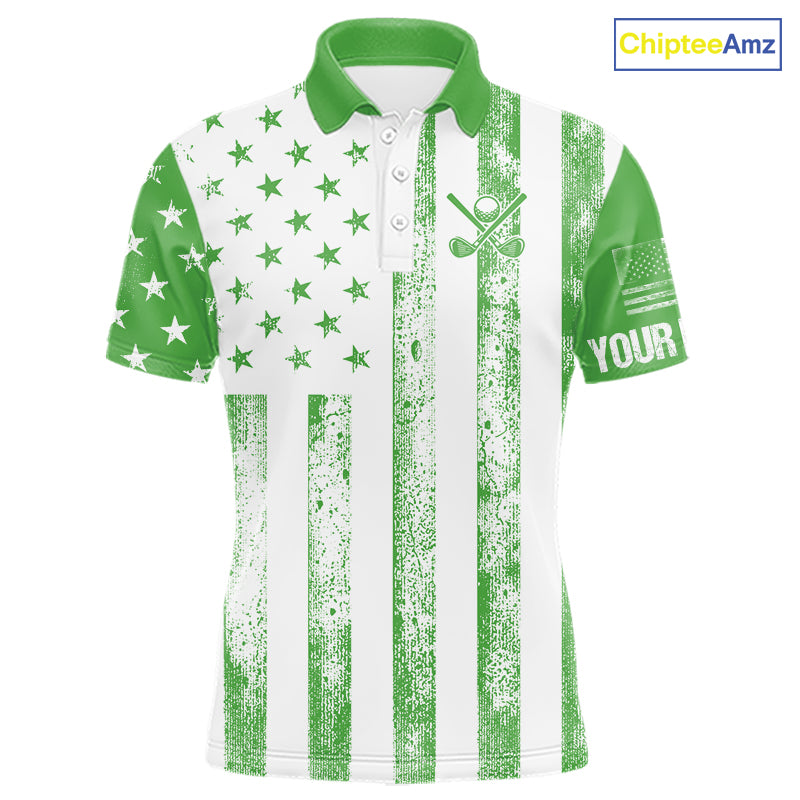 Personalized Green & White American Flag Retro Men golf polo shirts Custom Patriotic golf top for men NQS10309