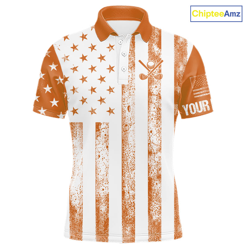 Personalized Orange & White American Flag Retro Men golf polo shirt Custom Patriotic golf top for men NQS10310