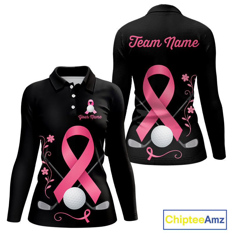 Pink ribbon golf ball clubs Black Women polo golf shirts Custom Breast cancer team golf jerseys NQS10507