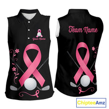Load image into Gallery viewer, Pink ribbon golf ball club Black Sleeveless Polo golf shirt Custom Breast cancer team golf jersey NQS10507