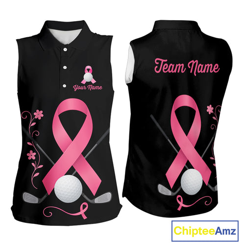 Pink ribbon golf ball club Black Sleeveless Polo golf shirt Custom Breast cancer team golf jersey NQS10507