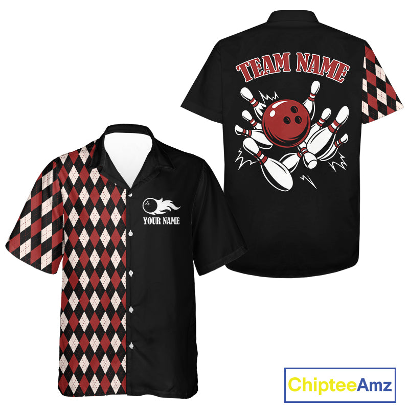 Black and Red Argyle Pattern Retro Bowling Hawaiian Shirt Custom Team Bowling Outfit NQS10510