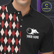 Load image into Gallery viewer, Black and Red Argyle Pattern Retro Bowling Polo, Quarter Zip Shirt for Men Custom Team Bowling Outfit NQS10510