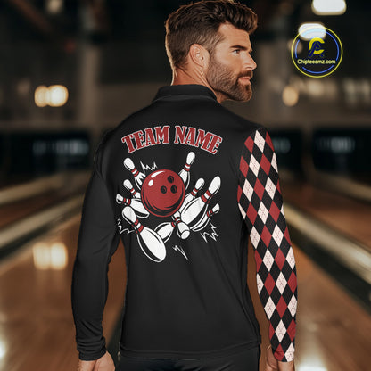 Black and Red Argyle Pattern Retro Bowling Polo, Quarter Zip Shirt for Men Custom Team Bowling Outfit NQS10510