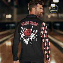 Load image into Gallery viewer, Black and Red Argyle Pattern Retro Bowling Polo, Quarter Zip Shirt for Men Custom Team Bowling Outfit NQS10510