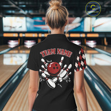 Load image into Gallery viewer, Black and Red Argyle Pattern Retro Women Bowling Polo, Quarter Zip Shirt Custom Team Bowling Outfit NQS10510