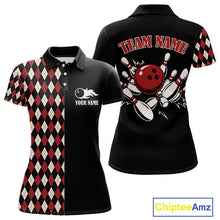 Load image into Gallery viewer, Black and Red Argyle Pattern Retro Women Bowling Polo, Quarter Zip Shirt Custom Team Bowling Outfit NQS10510