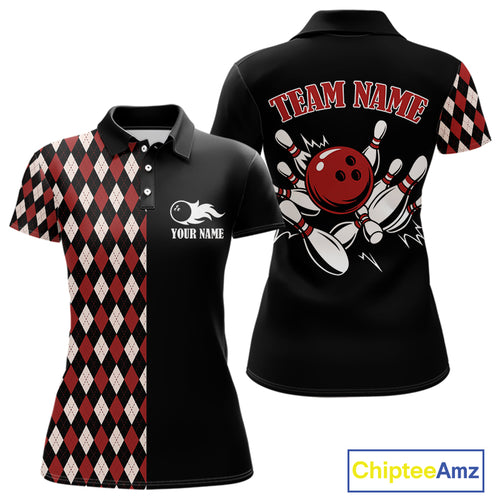 Black and Red Argyle Pattern Retro Women Bowling Polo, Quarter Zip Shirt Custom Team Bowling Outfit NQS10510