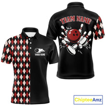 Load image into Gallery viewer, Black and Red Argyle Pattern Retro Bowling Polo, Quarter Zip Shirt for Men Custom Team Bowling Outfit NQS10510
