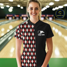 Load image into Gallery viewer, Black and Red Argyle Pattern Retro Women Bowling Polo, Quarter Zip Shirt Custom Team Bowling Outfit NQS10510