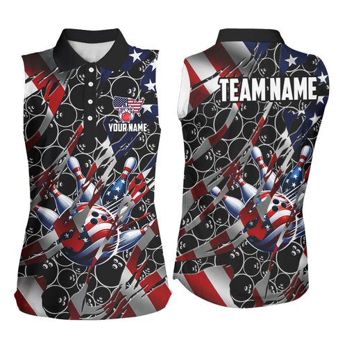 American flag black bowling camo Women sleeveless polo shirt Custom patriotic Bowling Team Jerseys NQS8550