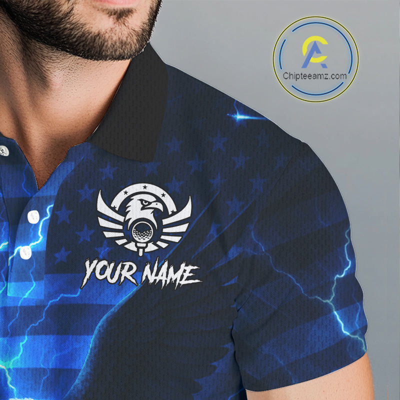 Blue lightning Thunder American Flag Eagle Golf Polo Shirt For Men Custom mens golf outfit NQS10737