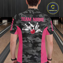 Load image into Gallery viewer, Mens bowling polo, 1/4 zip shirts Custom gray camo Bowling Team Jersey, Bowling League Shirt | Pink NQS11118