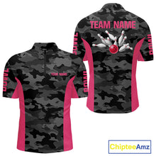 Load image into Gallery viewer, Mens bowling polo, 1/4 zip shirts Custom gray camo Bowling Team Jersey, Bowling League Shirt | Pink NQS11118