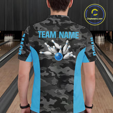 Load image into Gallery viewer, Mens bowling polo, 1/4 zip shirts Custom gray camo Bowling Team Jersey, Bowling League Shirt | Blue NQS11119