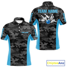 Load image into Gallery viewer, Mens bowling polo, 1/4 zip shirts Custom gray camo Bowling Team Jersey, Bowling League Shirt | Blue NQS11119