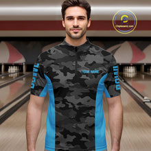 Load image into Gallery viewer, Mens bowling polo, 1/4 zip shirts Custom gray camo Bowling Team Jersey, Bowling League Shirt | Blue NQS11119