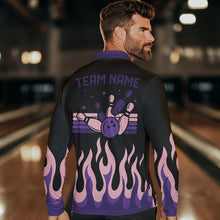 Load image into Gallery viewer, Black and Purple Flame Retro Bowling Polo, Quarter Zip Shirt for Men Custom Bowling Team Jerseys NQS9427